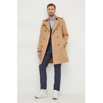 BOSS trench din bumbac culoarea bej, de tranziție, cu două rânduri nasturi 50509585