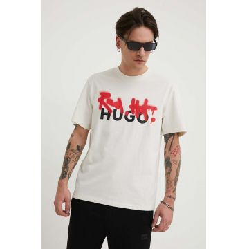 HUGO tricou din bumbac bărbați, culoarea bej, cu imprimeu 50508513