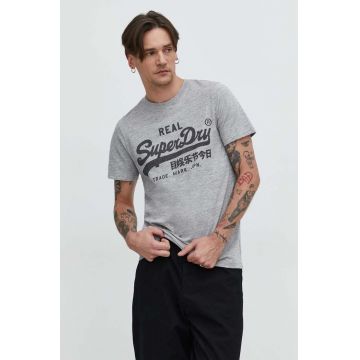 Superdry tricou din bumbac barbati, culoarea gri, cu imprimeu