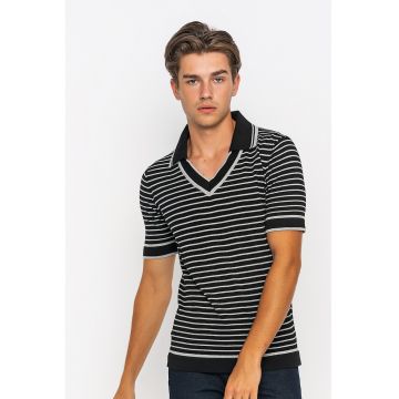 Tricou polo cu decolteu in V - Negru/Gri deschis
