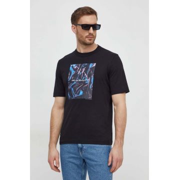 Sisley tricou din bumbac barbati, culoarea negru, cu imprimeu