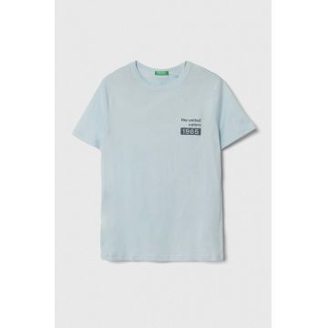 United Colors of Benetton tricou din bumbac barbati, culoarea turcoaz, cu imprimeu