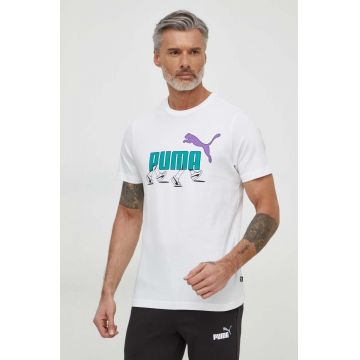 Puma tricou din bumbac barbati, culoarea alb, cu imprimeu