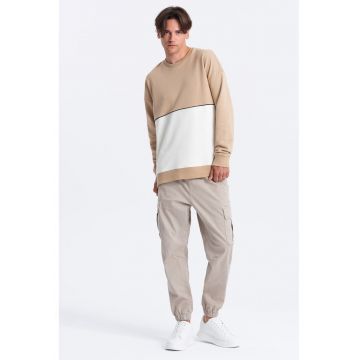 Bluza de trening cu decolteu la baza gatului si model colorblock - Alb/Bej