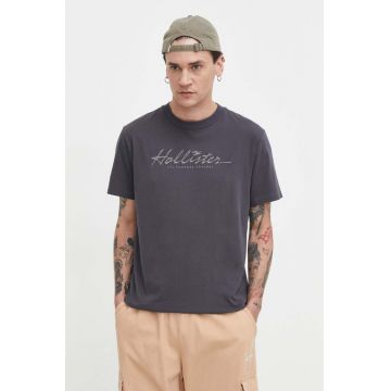 Hollister Co. tricou din bumbac barbati, culoarea gri, cu imprimeu