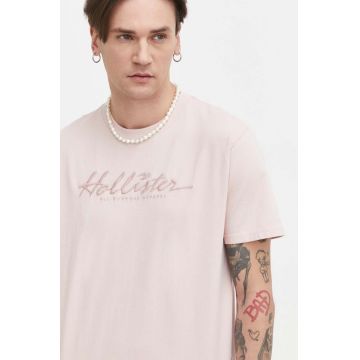 Hollister Co. tricou din bumbac barbati, culoarea roz, cu imprimeu