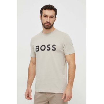Boss Green tricou din bumbac barbati, culoarea bej, cu imprimeu