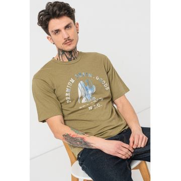 Tricou din amestec de in cu imprimeu si decolteu la baza gatului