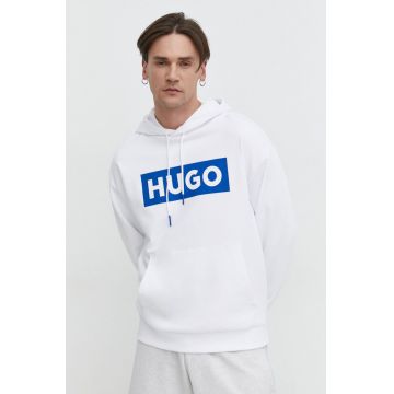 Hugo Blue bluza barbati, culoarea alb, cu glugă, cu imprimeu