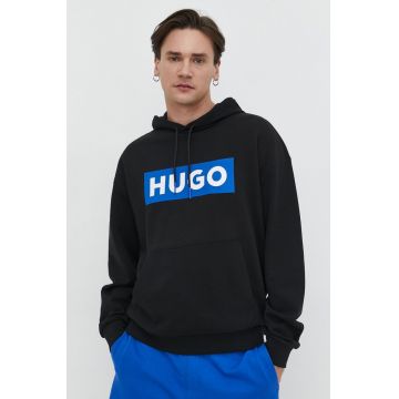 Hugo Blue bluza barbati, culoarea negru, cu glugă, cu imprimeu