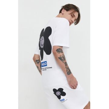 HUGO Blue tricou din bumbac bărbați, culoarea alb, cu imprimeu 50513214