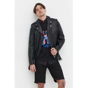 HUGO geaca ramones de piele barbati, culoarea negru, de tranzitie