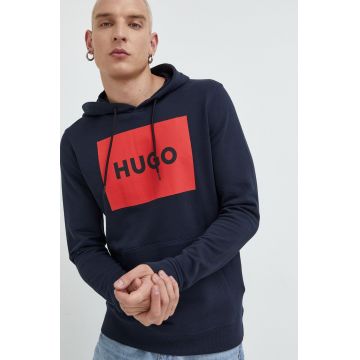 HUGO hanorac de bumbac barbati, culoarea albastru marin, cu imprimeu