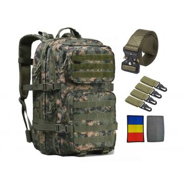 Echipament militar, rucsac 45L, curea cupla aliaj rapida, 4 carabine, steag tricolor, camuflaj