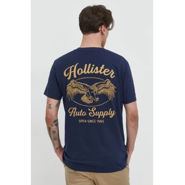 Hollister Co. tricou din bumbac barbati, culoarea albastru marin, cu imprimeu