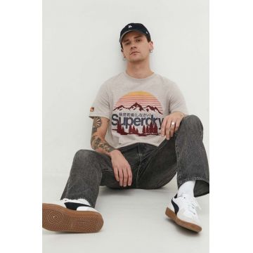 Superdry tricou barbati, culoarea bej, cu imprimeu