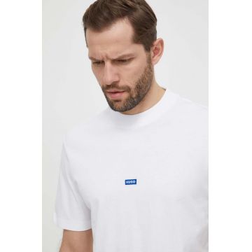 Hugo Blue tricou din bumbac barbati, culoarea alb, neted