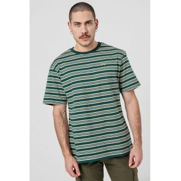 Tricou cu dungi si decolteu la baza gatului - Alb/Galben pal/Verde englez