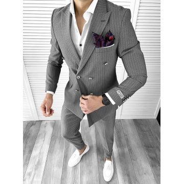 Costum barbati gri inchis  in dungi slim fit in sacou + pantaloni 11712 P20-1.1