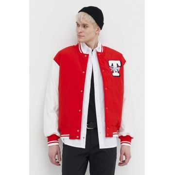 Tommy Jeans geaca bomber barbati, culoarea rosu, de iarna, oversize