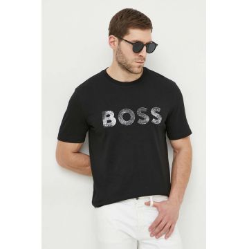 Boss Orange tricou din bumbac barbati, culoarea negru, cu imprimeu