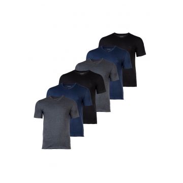 Set de tricouri cu decolteu in V - 6 piese - Negru/Gri/Albastru