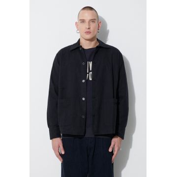 Universal Works cămașă din bumbac TRAVAIL OVERSHIRT bărbați, culoarea negru, cu guler clasic, relaxed, 29905