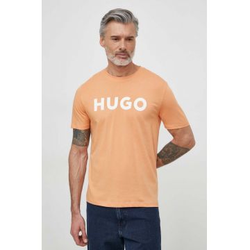 HUGO tricou din bumbac barbati, culoarea portocaliu, cu imprimeu