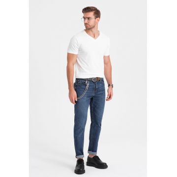 Tricou din amestec de bumbac cu decolteu in V - Alb