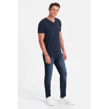 Tricou din amestec de bumbac cu decolteu in V - Bleumarin