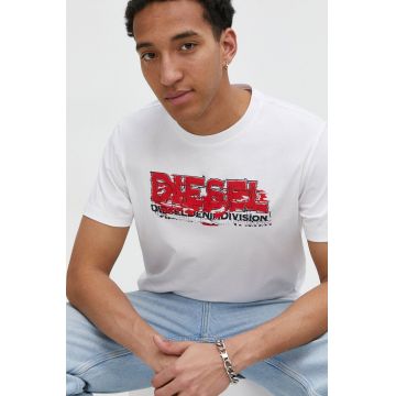 Diesel tricou din bumbac barbati, culoarea alb, cu imprimeu