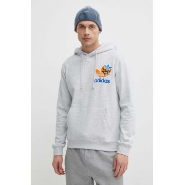 adidas Originals hanorac de bumbac bărbați, culoarea gri, cu glugă, cu imprimeu IS2913