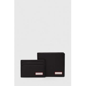 HUGO portofel din piele si suport pentru card culoarea negru