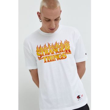 Champion tricou din bumbac Xstranger Things culoarea alb, cu imprimeu