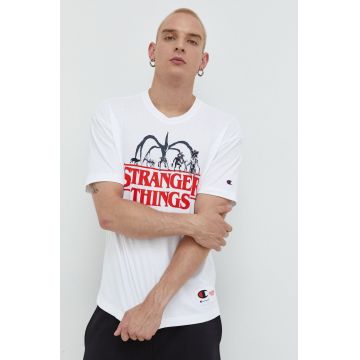 Champion tricou din bumbac Xstranger Things culoarea alb, cu imprimeu