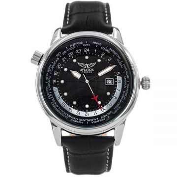 Ceas barbatesc Aviator, World Time F-Series, Quartz, Silver/Black Leather, AVW6975G354