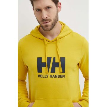 Helly Hansen hanorac de bumbac HH LOGO HOODIE bărbați, culoarea galben, cu glugă, cu imprimeu 33977