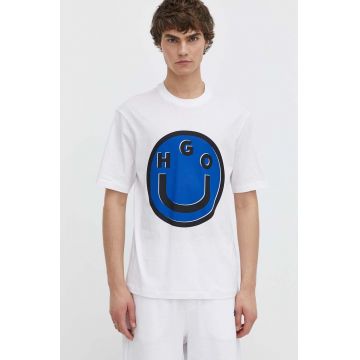 HUGO Blue tricou din bumbac bărbați, culoarea alb, cu imprimeu 50513189