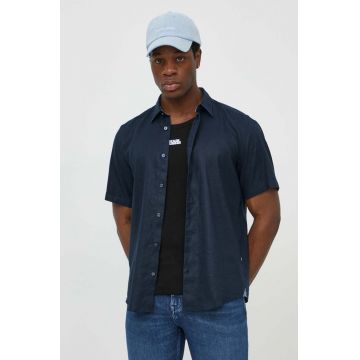 BOSS cămașă de in culoarea bleumarin, cu guler clasic, regular 50515156