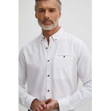 Medicine camasa de in barbati, culoarea alb, cu guler button-down, regular