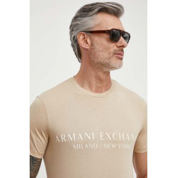 Armani Exchange tricou barbati, culoarea bej, cu imprimeu