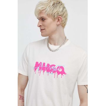 HUGO tricou din bumbac bărbați, culoarea bej, cu imprimeu 50515282