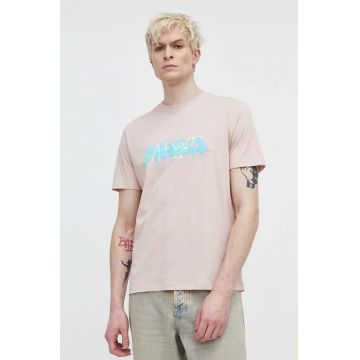HUGO tricou din bumbac barbati, culoarea roz, cu imprimeu