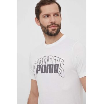 Puma tricou din bumbac barbati, culoarea alb, cu imprimeu, 680177