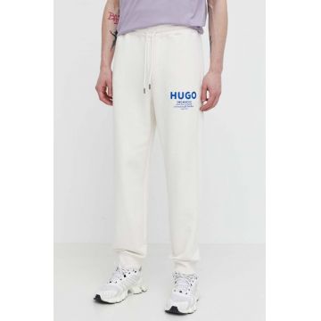 Hugo Blue pantaloni de trening din bumbac culoarea bej, cu imprimeu