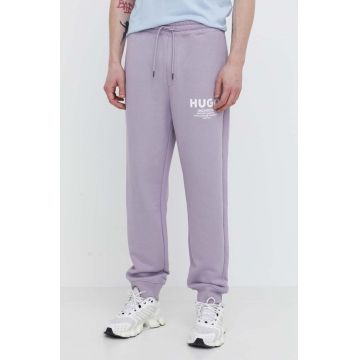 Hugo Blue pantaloni de trening din bumbac culoarea violet, cu imprimeu