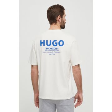 HUGO Blue tricou din bumbac bărbați, culoarea bej, cu imprimeu 50509776