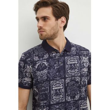 Medicine polo de bumbac bărbați, culoarea bleumarin, cu imprimeu