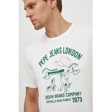 Pepe Jeans tricou din bumbac barbati, culoarea alb, cu imprimeu