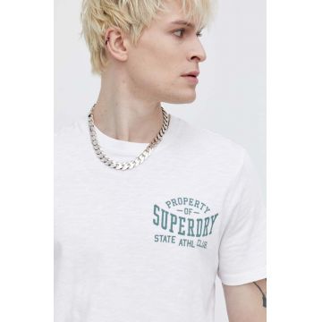 Superdry tricou din bumbac barbati, culoarea alb, cu imprimeu